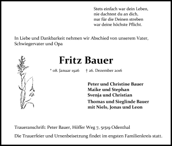 Anzeige von Fritz Bauer von Kölner Stadt-Anzeiger / Kölnische Rundschau / Express