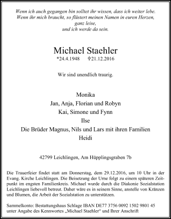 Anzeige von Michael Staehler von Kölner Stadt-Anzeiger / Kölnische Rundschau / Express