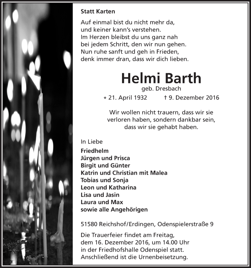  Traueranzeige für Helmi Barth vom 14.12.2016 aus  Lokalanzeiger 
