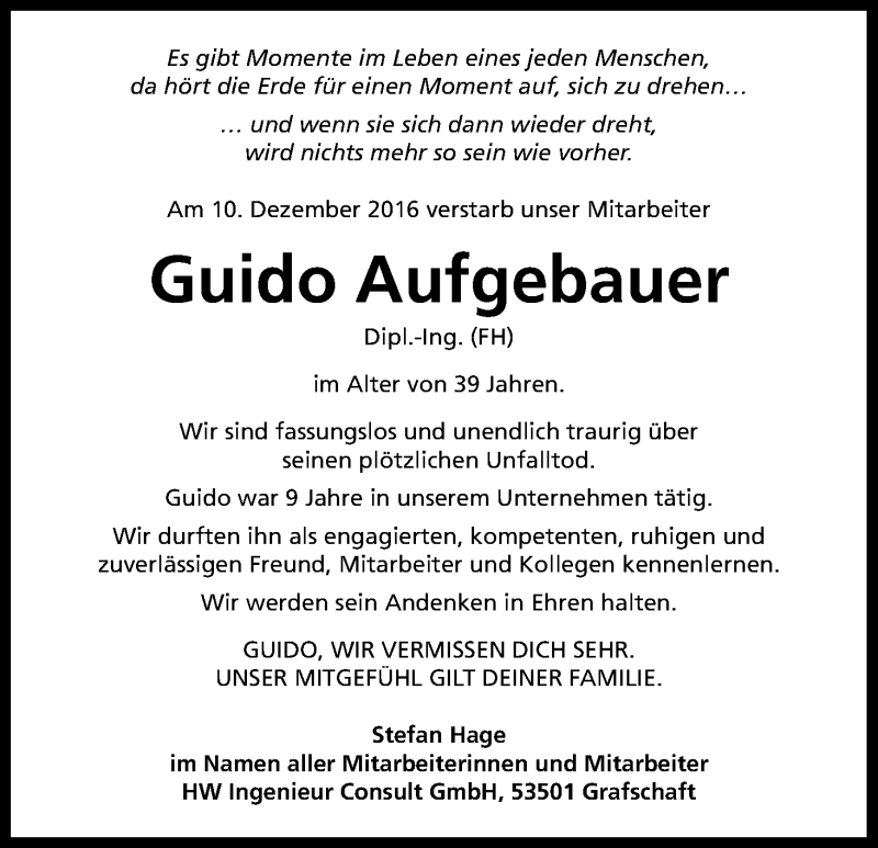  Traueranzeige für Guido Aufgebauer vom 17.12.2016 aus Kölner Stadt-Anzeiger / Kölnische Rundschau / Express