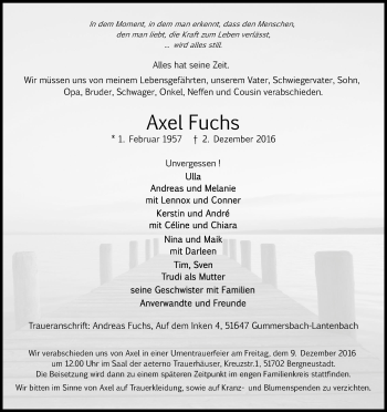 Anzeige von Axel Fuchs von Kölner Stadt-Anzeiger / Kölnische Rundschau / Express