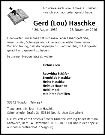 Anzeige von Gerd Haschke von Kölner Stadt-Anzeiger / Kölnische Rundschau / Express