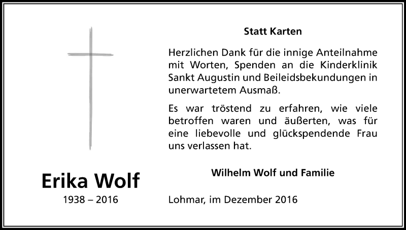  Traueranzeige für Erika Wolf vom 10.12.2016 aus Kölner Stadt-Anzeiger / Kölnische Rundschau / Express