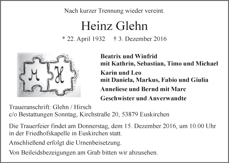  Traueranzeige für Heinz Glehn vom 10.12.2016 aus  Blickpunkt Euskirchen 