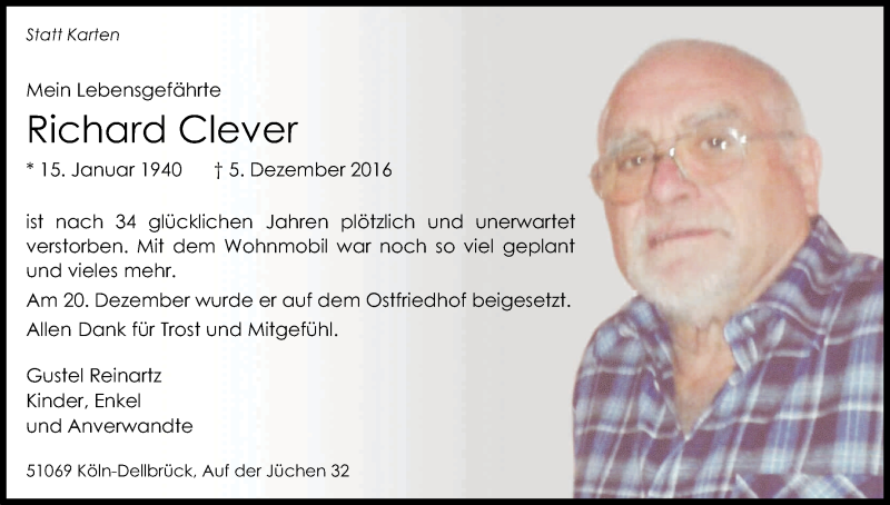  Traueranzeige für Richard Clever vom 31.12.2016 aus Kölner Stadt-Anzeiger / Kölnische Rundschau / Express