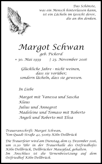 Anzeige von Margot Schwan von Kölner Stadt-Anzeiger / Kölnische Rundschau / Express