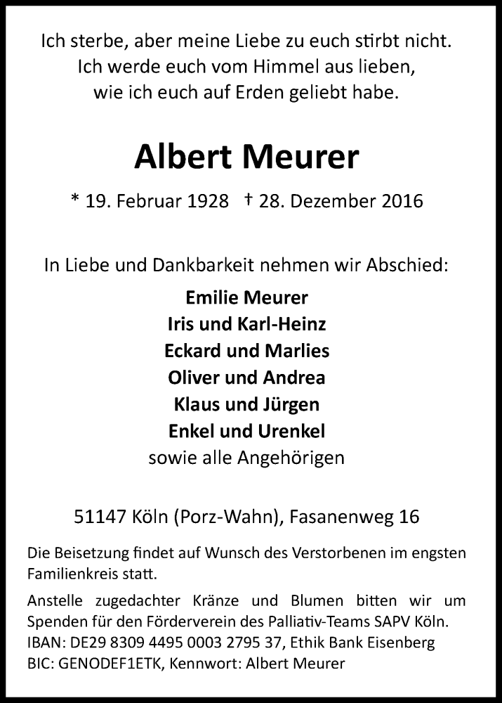  Traueranzeige für Albert Meurer vom 31.12.2016 aus Kölner Stadt-Anzeiger / Kölnische Rundschau / Express