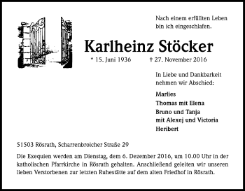 Anzeige von Karlheinz Stöcker von Kölner Stadt-Anzeiger / Kölnische Rundschau / Express