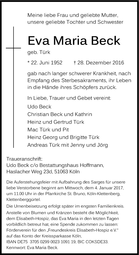  Traueranzeige für Eva Maria Beck vom 31.12.2016 aus Kölner Stadt-Anzeiger / Kölnische Rundschau / Express