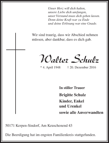 Anzeige von Walter Schulz von  Sonntags-Post 