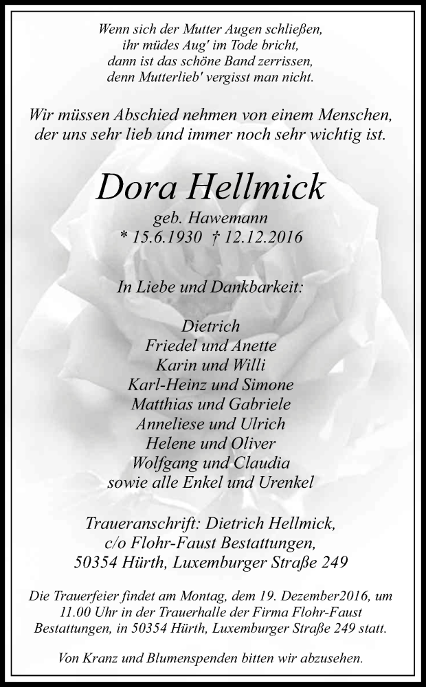  Traueranzeige für Dora Hellmick vom 17.12.2016 aus Kölner Stadt-Anzeiger / Kölnische Rundschau / Express