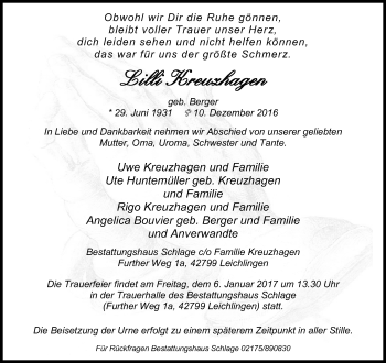 Anzeige von Lilli Kreuzhagen von Kölner Stadt-Anzeiger / Kölnische Rundschau / Express
