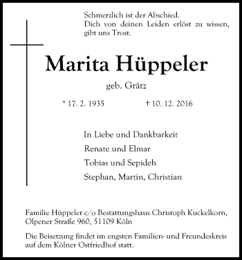 Anzeige von Marita Hüppeler von Kölner Stadt-Anzeiger / Kölnische Rundschau / Express