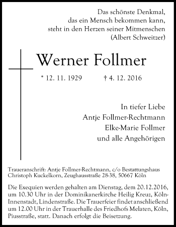 Anzeige von Werner Follmer von Kölner Stadt-Anzeiger / Kölnische Rundschau / Express