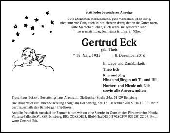 Anzeige von Gertrud Eck von Kölner Stadt-Anzeiger / Kölnische Rundschau / Express