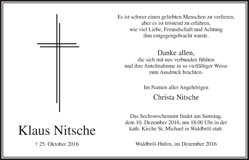  Traueranzeige für Klaus Nitsche vom 07.12.2016 aus  Lokalanzeiger 