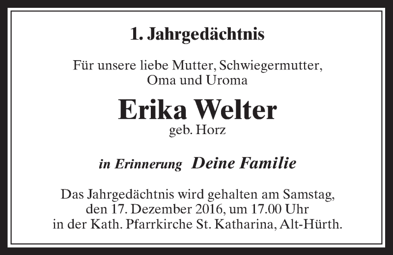  Traueranzeige für Erika Welter vom 14.12.2016 aus  Wochenende 