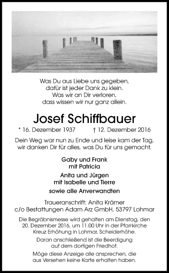 Anzeige von Josef Schiffbauer von Kölner Stadt-Anzeiger / Kölnische Rundschau / Express