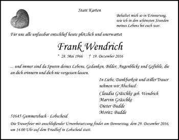 Anzeige von Frank Wendrich von  Anzeigen Echo 