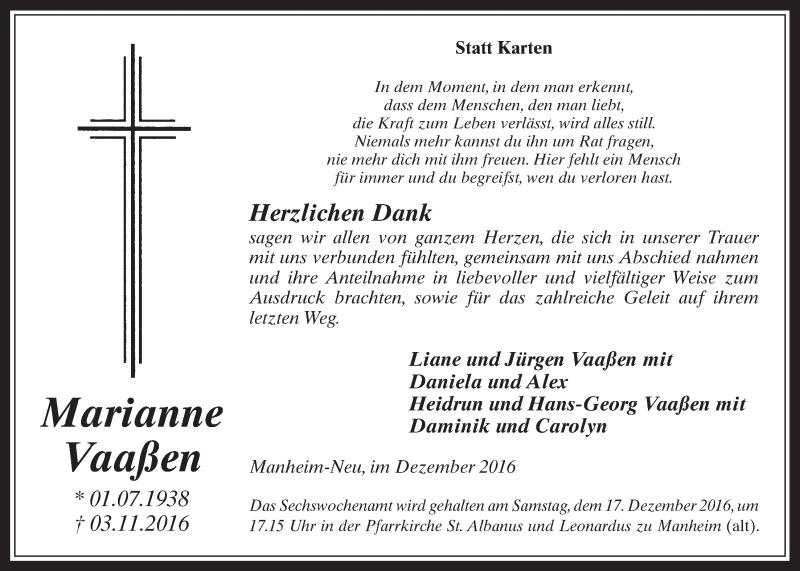  Traueranzeige für Marianne Vaaßen vom 07.12.2016 aus  Werbepost 