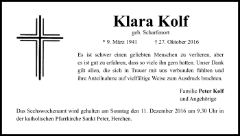 Anzeige von Klara Kolf von Kölner Stadt-Anzeiger / Kölnische Rundschau / Express