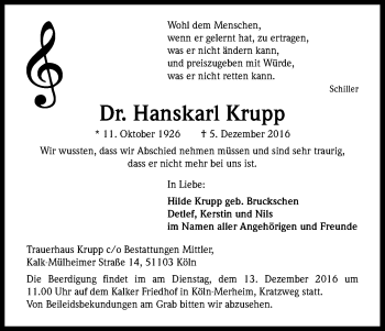 Anzeige von Hanskarl Krupp von Kölner Stadt-Anzeiger / Kölnische Rundschau / Express