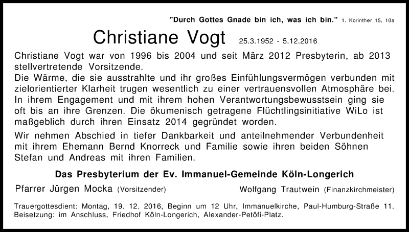  Traueranzeige für Christiane Vogt vom 17.12.2016 aus Kölner Stadt-Anzeiger / Kölnische Rundschau / Express