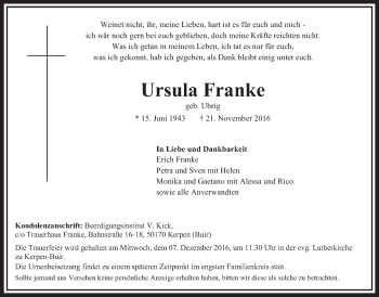 Anzeige von Ursula Franke von  Sonntags-Post 