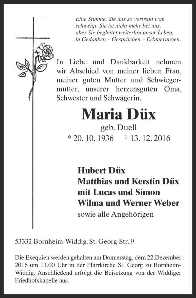  Traueranzeige für Maria Düx vom 21.12.2016 aus  Schlossbote/Werbekurier 