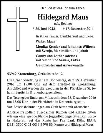 Anzeige von Hildegard Maus von Kölner Stadt-Anzeiger / Kölnische Rundschau / Express