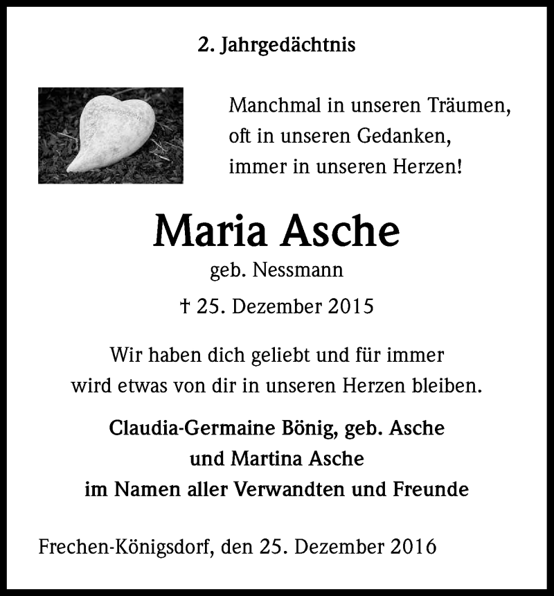  Traueranzeige für Maria Asche vom 24.12.2016 aus Kölner Stadt-Anzeiger / Kölnische Rundschau / Express