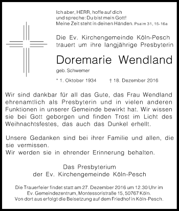 Anzeige von Doremarie Wendland von Kölner Stadt-Anzeiger / Kölnische Rundschau / Express