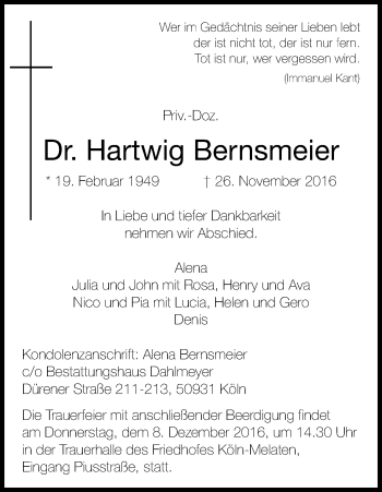Anzeige von Hartwig Bernsmeier von Kölner Stadt-Anzeiger / Kölnische Rundschau / Express