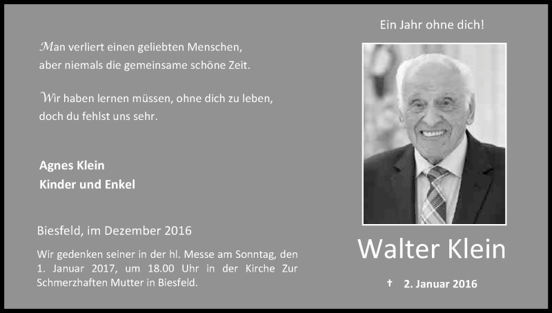  Traueranzeige für Walter Klein vom 24.12.2016 aus Kölner Stadt-Anzeiger / Kölnische Rundschau / Express