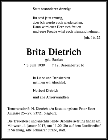 Anzeige von Brita Dietrich von Kölner Stadt-Anzeiger / Kölnische Rundschau / Express