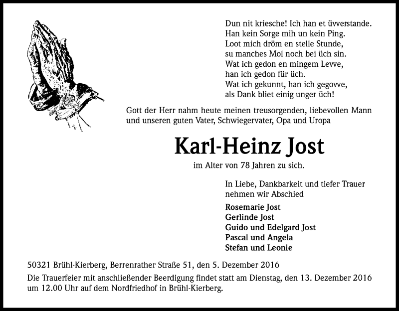  Traueranzeige für Karl-Heinz Jost vom 10.12.2016 aus Kölner Stadt-Anzeiger / Kölnische Rundschau / Express