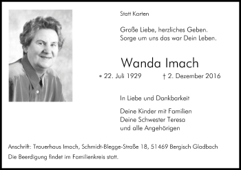 Anzeige von Wanda Imach von Kölner Stadt-Anzeiger / Kölnische Rundschau / Express