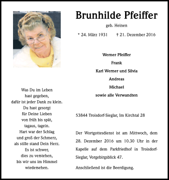 Anzeige von Brunhilde Pfeiffer von Kölner Stadt-Anzeiger / Kölnische Rundschau / Express