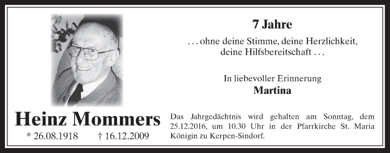  Traueranzeige für Heinz Mommers vom 21.12.2016 aus  Werbepost 
