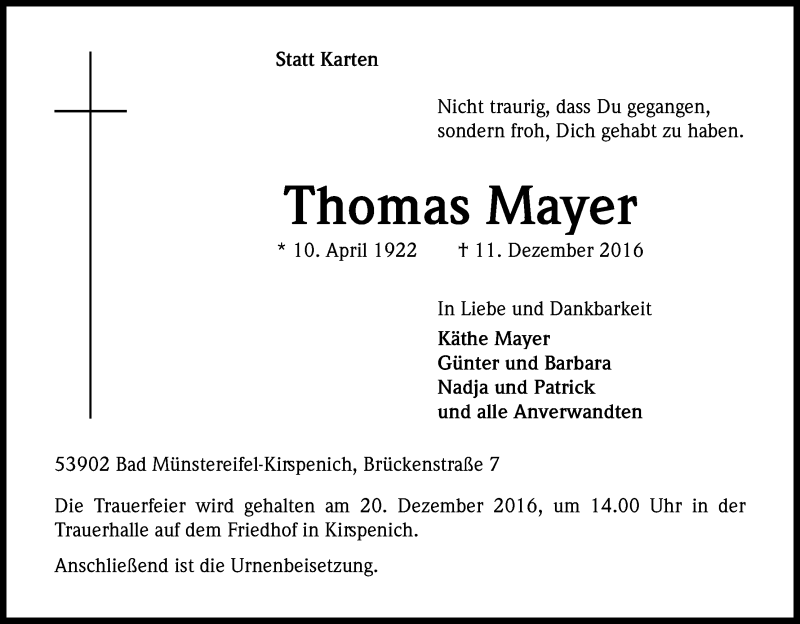  Traueranzeige für Thomas Mayer vom 16.12.2016 aus Kölner Stadt-Anzeiger / Kölnische Rundschau / Express