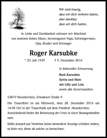 Anzeige von Roger Karsubke von Kölner Stadt-Anzeiger / Kölnische Rundschau / Express