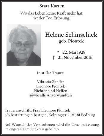 Anzeige von Helene Schinschick von  Sonntags-Post 