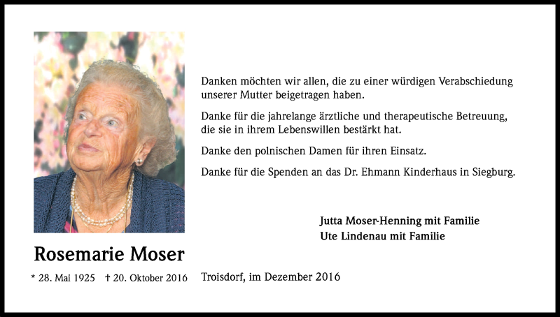  Traueranzeige für Rosemarie Moser vom 31.12.2016 aus Kölner Stadt-Anzeiger / Kölnische Rundschau / Express