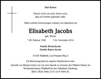 Anzeige von Elisabeth Jacobs von Kölner Stadt-Anzeiger / Kölnische Rundschau / Express