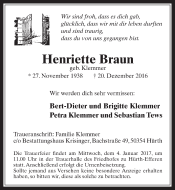 Anzeige von Henriette Braun von  Wochenende 