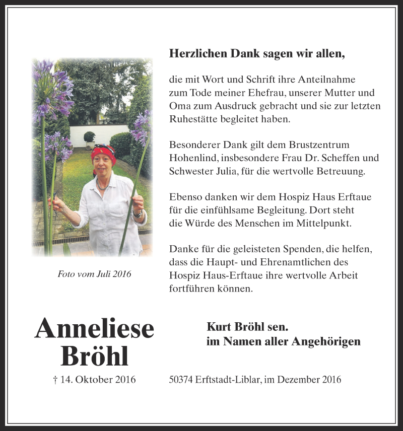 Traueranzeige für Anneliese Bröhl vom 14.12.2016 aus  Werbepost 