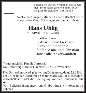 Anzeige von Hans Uhlig von  Schlossbote/Werbekurier 