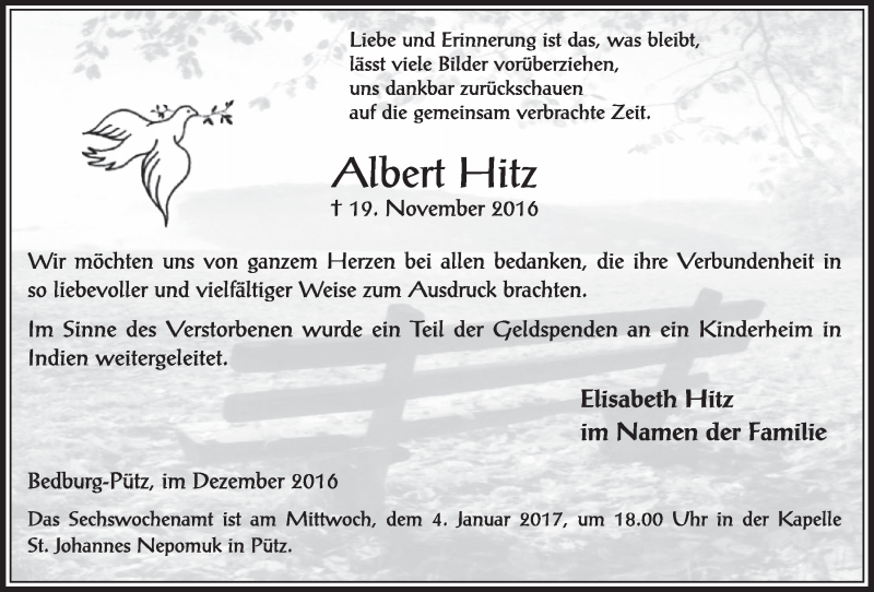  Traueranzeige für Albert Hitz vom 24.12.2016 aus  Sonntags-Post 
