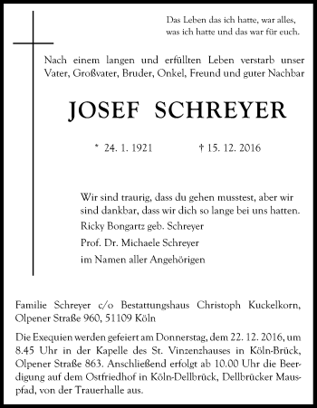 Anzeige von Josef Schreyer von Kölner Stadt-Anzeiger / Kölnische Rundschau / Express