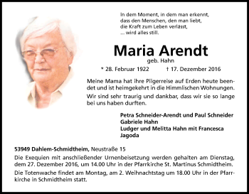 Anzeige von Maria Arendt von Kölner Stadt-Anzeiger / Kölnische Rundschau / Express